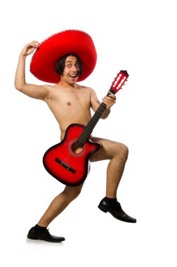 Çıplak adam beyaz gitar çalmak fötr şapka ile
