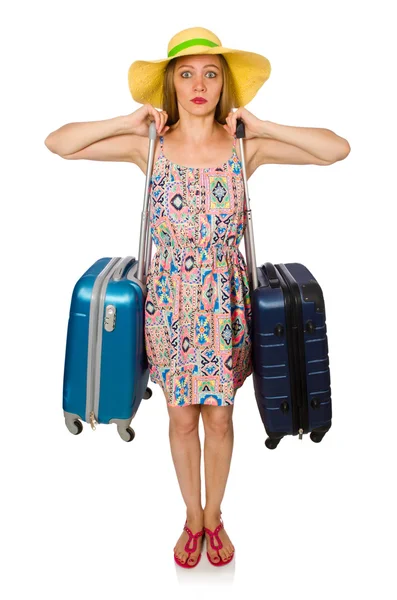 Mujer con maleta aislada en blanco — Foto de Stock