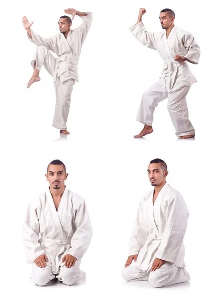 Collage av karate spelare i kimono isolerad på vit — Stockfoto