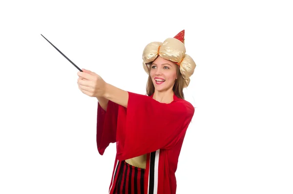 De wizard van de vrouw in rode kleding op wit wordt geïsoleerd — Stockfoto