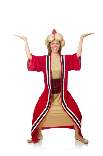 Kırmızı giyim üzerine beyaz izole kadın Sihirbazı — Stok fotoğraf