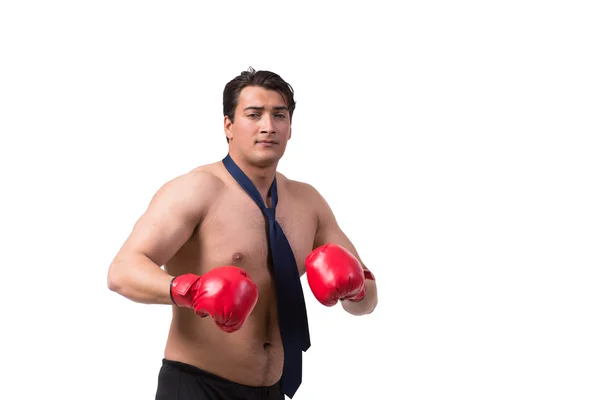 Empresario desgarrado con guantes de boxeo aislados en blanco — Foto de Stock