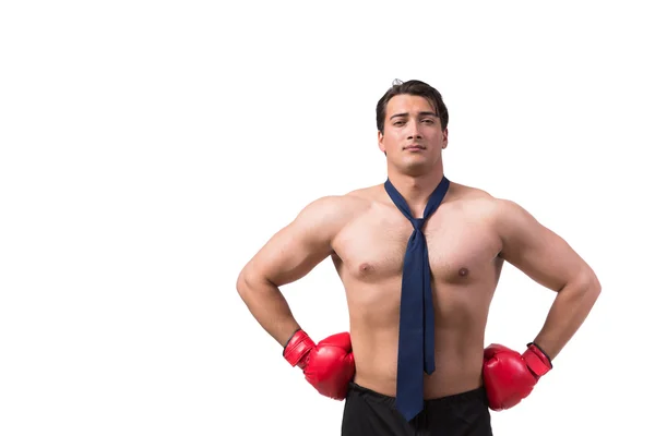 Homem de negócios rasgado com luvas de boxe isolado em branco — Fotografia de Stock