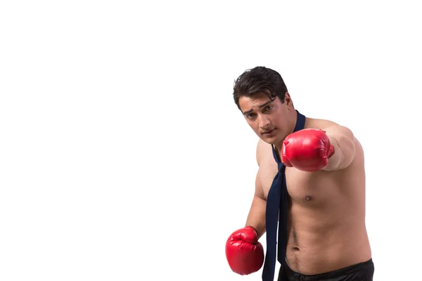 Aufgerissener Geschäftsmann mit Boxhandschuhen auf weißem Untergrund — Stockfoto