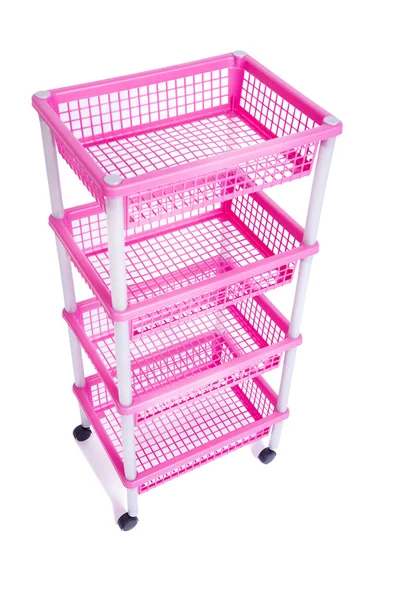 Rózsaszín bin rack polc elszigetelt fehér kerekekkel — Stock Fotó