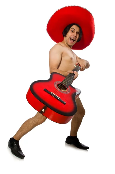 Nude man with sombrero playing guitar on white — Stock Photo, Image