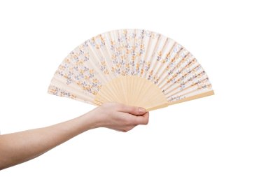 Beyaz arka plan üzerinde izole fan tutan el