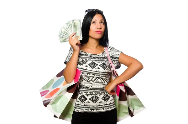 Donna con shopping bags isolata su bianco — Foto Stock