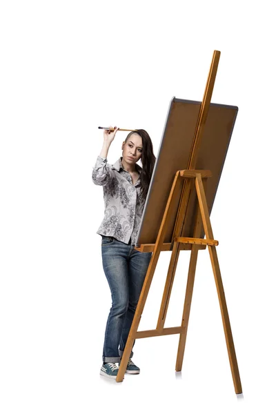 Vrouwelijke artiest tekening van foto geïsoleerd op witte achtergrond — Stockfoto