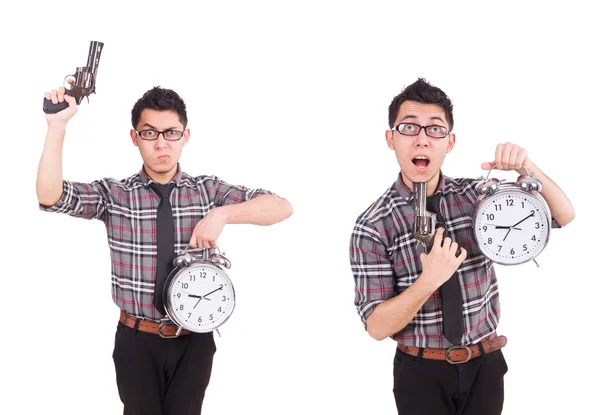 Junger Mann mit Uhr isoliert auf weiß — Stockfoto