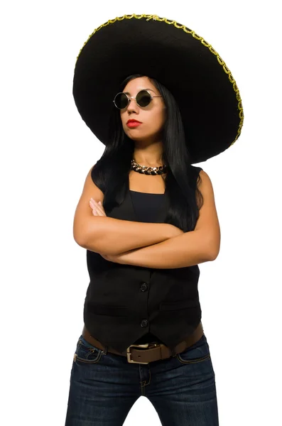 Mladá mexická žena nosí sombrero izolovaných na bílém — Stock fotografie