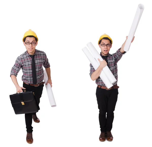 Funny man with blueprints on white — Stock Photo, Image