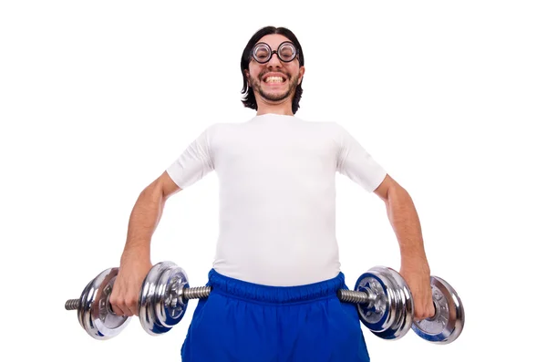 Funny guy with dumbbels on white — Stock Photo, Image