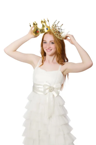 Kvinna med krona isolerad på vitt — Stockfoto