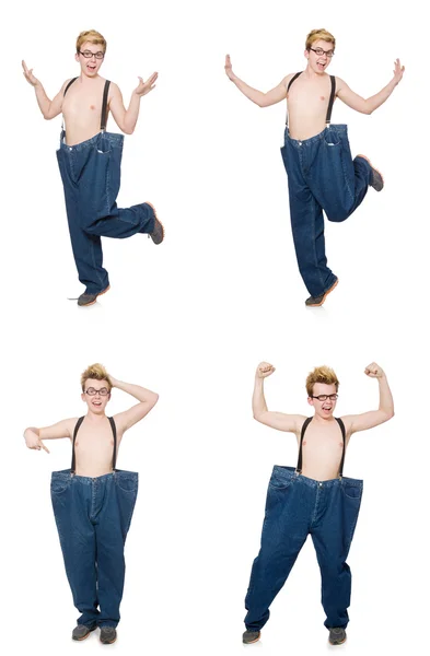 Uomo divertente con pantaloni isolati su bianco — Foto Stock