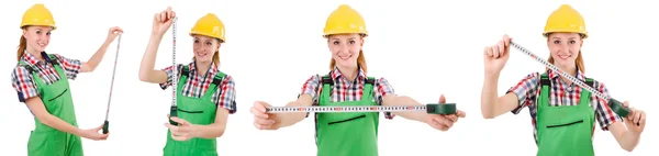 Female handyman in overalls isolated on white — Stock Photo, Image