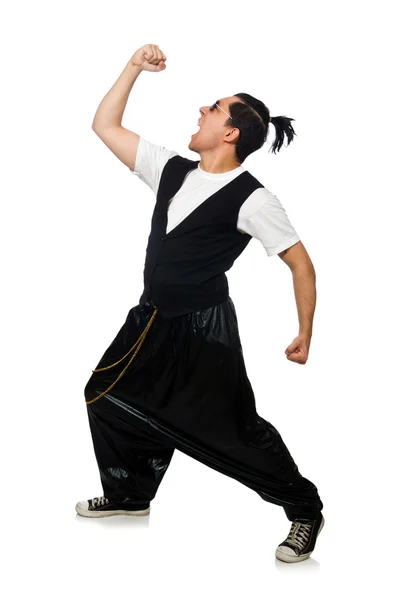 Divertente giovane uomo che balla isolato su bianco — Foto Stock