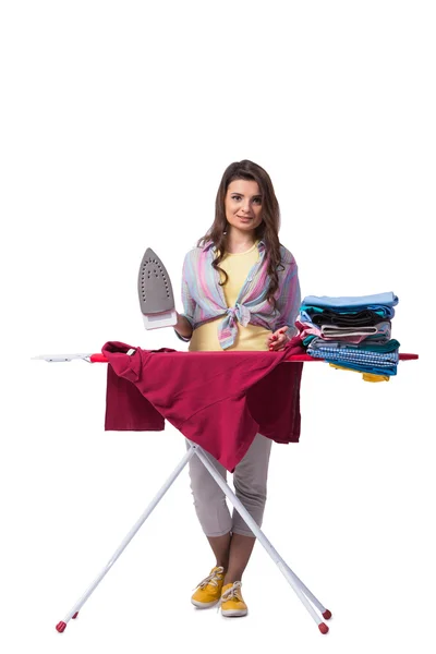 Kvinnan strykning kläder isolerad på vit — Stockfoto