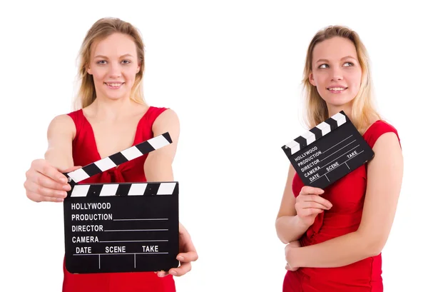 Röd klänning flicka håller clapboard isolerad på vit — Stockfoto