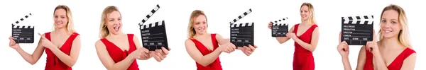 Rood jurk meisje houden clapboard geïsoleerd op wit — Stockfoto