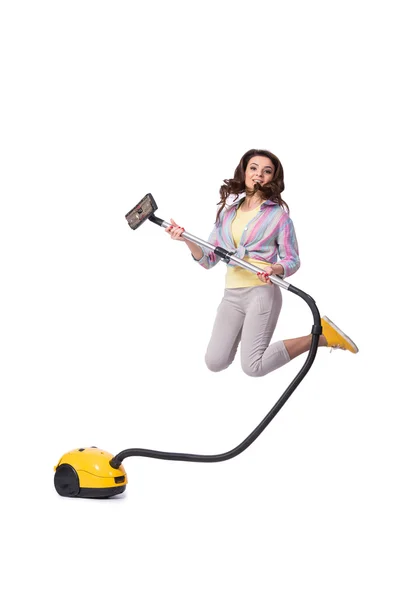 Woman with vacuum cleaner isolated on white — Stock Photo, Image