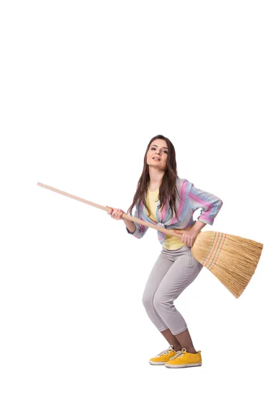 Woman sweeping floor isolated on white — Stock Photo, Image