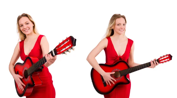 Mooi meisje houden van gitaar geïsoleerd op wit — Stockfoto