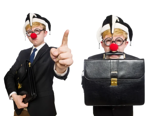 Collage de payaso hombre de negocios aislado en blanco — Foto de Stock