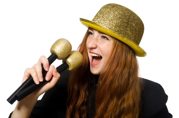 Mujer divertida en karaoke aislado en blanco — Foto de Stock