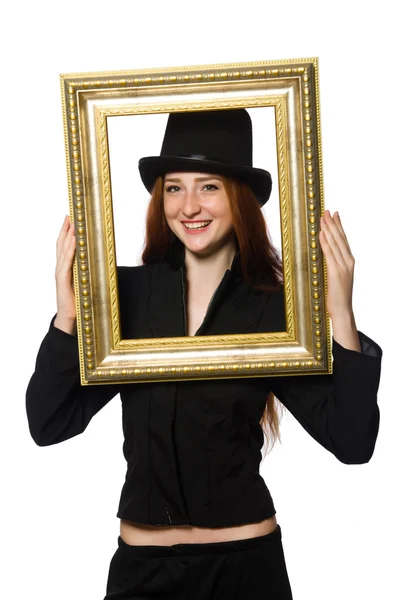 Mulher com quadro de imagem isolado no branco — Fotografia de Stock