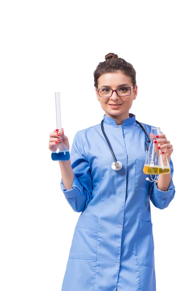 Doctora haciendo pruebas químicas aisladas en blanco —  Fotos de Stock