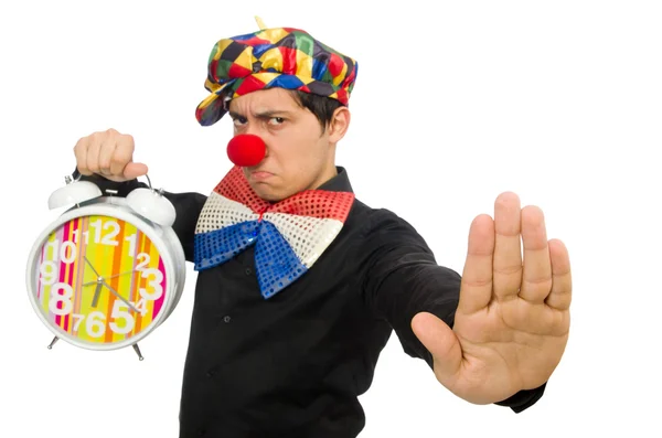 Zabawny clown z zegarem na białym tle — Zdjęcie stockowe