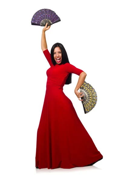 Žena v červených šatech s ventilátorem izolovaných na bílém — Stock fotografie