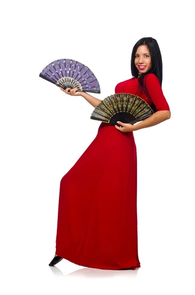 Femme en robe rouge avec ventilateur isolé sur blanc — Photo