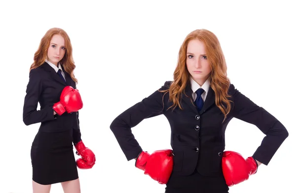 Collage de mujer de negocios con guantes de boxeo en blanco —  Fotos de Stock