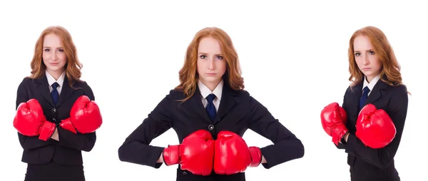 Kolaż kobiety businesswoman w rękawiczki bokserskie na białym — Zdjęcie stockowe