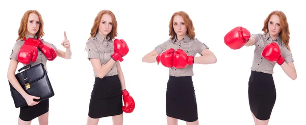 Collage of woman businesswoman with boxing gloves on white — Stock Photo, Image