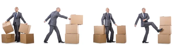 Fotók kollázsa férfival és dobozokkal — Stock Fotó