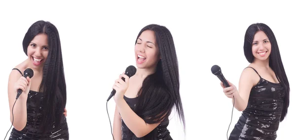 Donna che canta in karaoke club in varie pose su bianco — Foto Stock