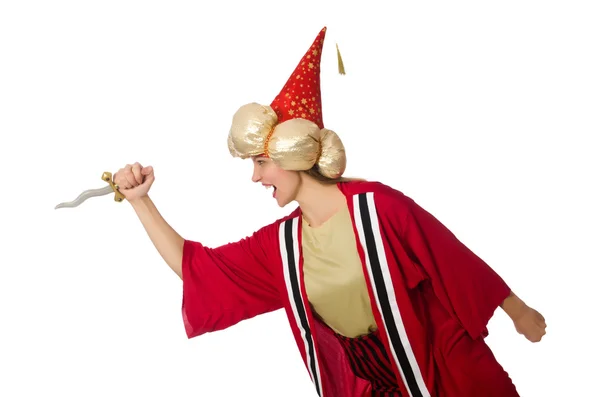 Magicien femme en vêtements rouges isolé sur blanc — Photo