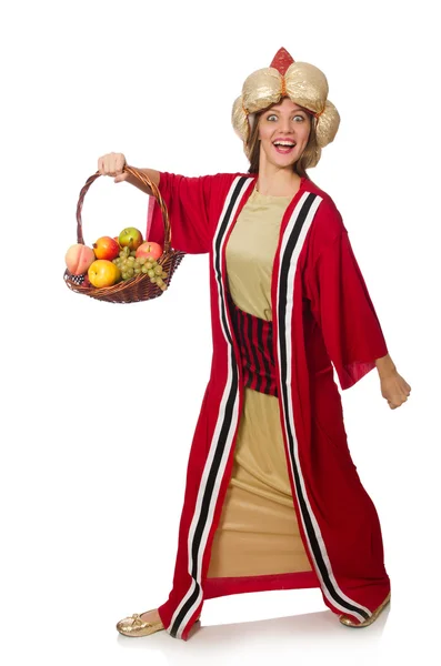 De wizard van de vrouw in rode kleding op wit wordt geïsoleerd — Stockfoto