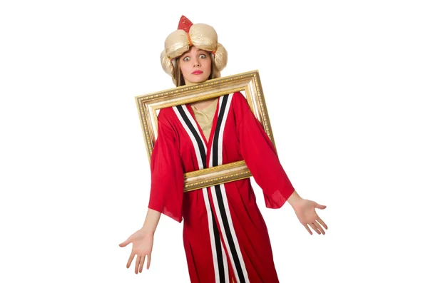 白で隔離赤い服の女性ウィザード — ストック写真