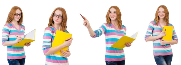 Junge Studentin mit Büchern auf Weiß — Stockfoto