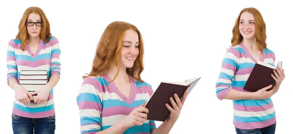 Jovem estudante com livros isolados em branco — Fotografia de Stock