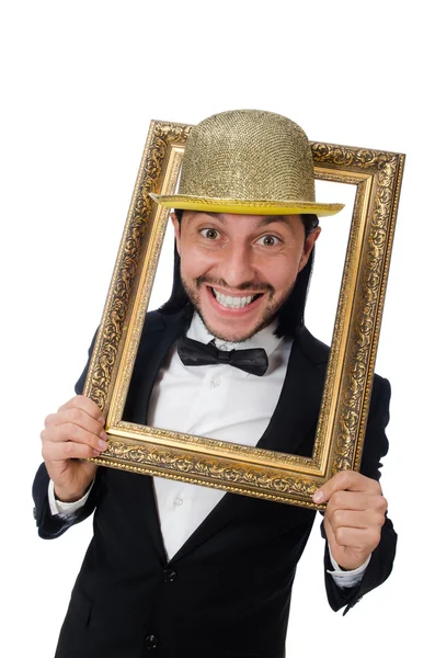Man with picture frame isolated on white — Stock Photo, Image