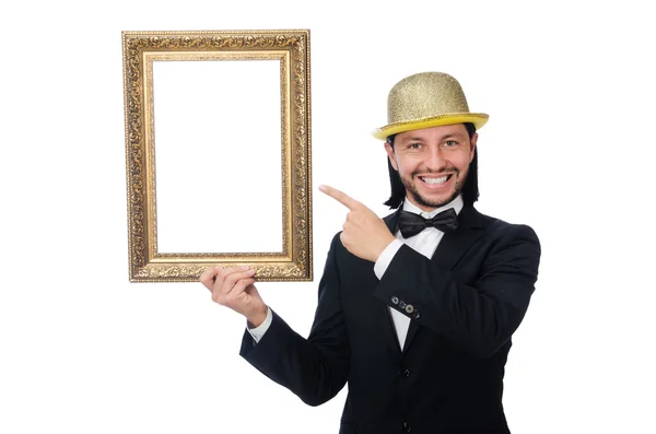 Homme avec cadre photo isolé sur blanc — Photo