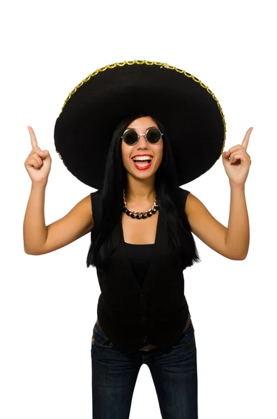 Young mexican woman wearing sombrero isolated on white — Stock Photo, Image