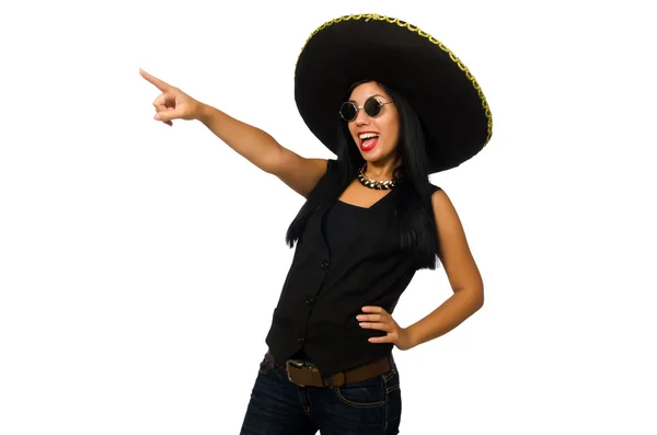 Young mexican woman wearing sombrero isolated on white — Stock Photo, Image