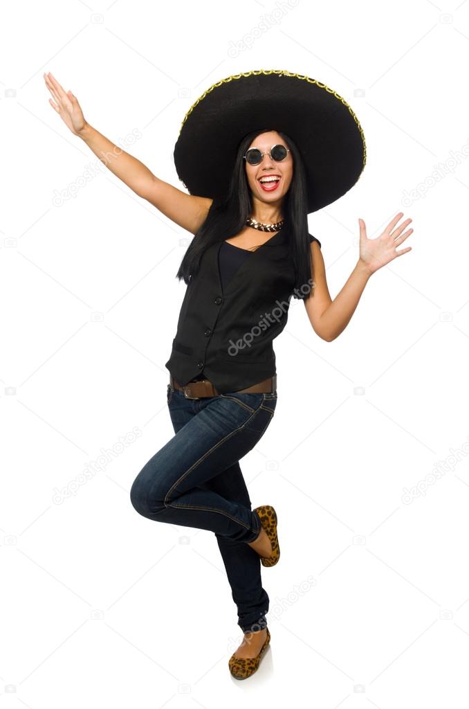 Young mexican woman wearing sombrero isolated on white