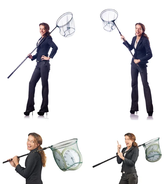 Woman with catching net and clock — Stock Photo, Image